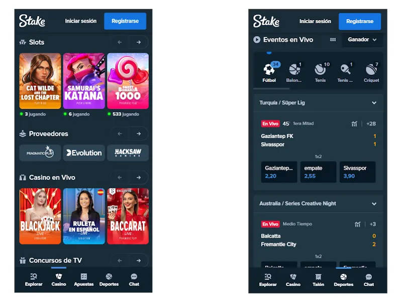 Stake App – catálogo de juegos y flujo de apuestas